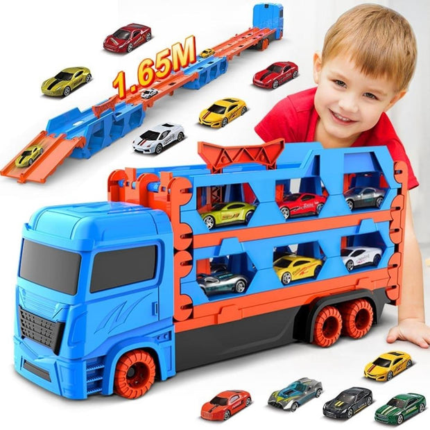 3-in-1 Car Transporter Truck with Racetrack & Toy Cars