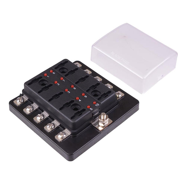 10 Way Standard Blade Fuse Box with LED Indication M4 Screws 100A R3-76-07-3L110