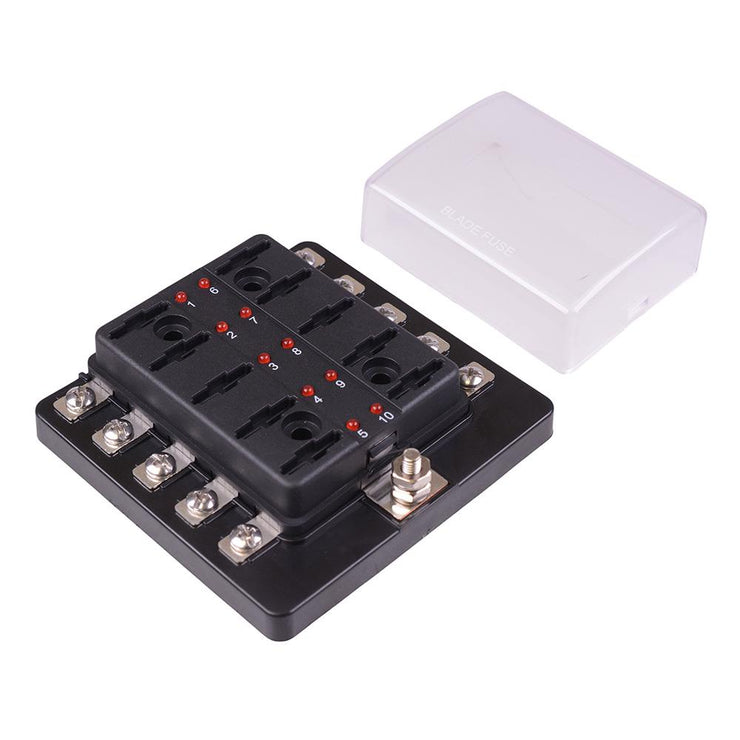 10 Way Standard Blade Fuse Box with LED Indication M4 Screws 100A R3-76-07-3L110