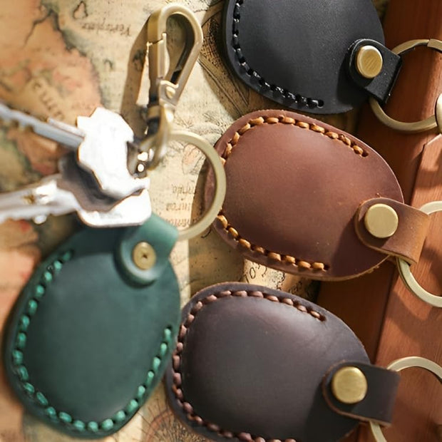 Genuine Leather AirTag Keyring Holder for Apple AirTags. Anti-Lost, Anti-Scratch Secure Key Ring Case for Key, Pet Collar, Bag, Luggage. Handmade 360° Protective Air Tag Accessory Keychain Full Cover