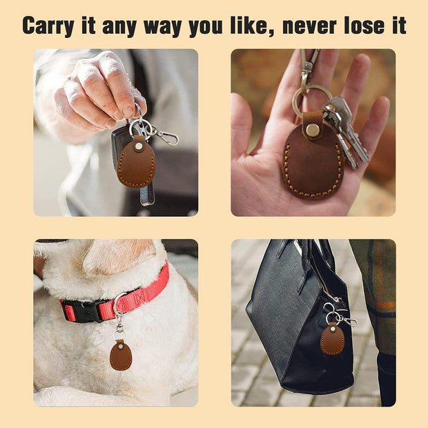 Genuine Leather AirTag Keyring Holder for Apple AirTags. Anti-Lost, Anti-Scratch Secure Key Ring Case for Key, Pet Collar, Bag, Luggage. Handmade 360° Protective Air Tag Accessory Keychain Full Cover