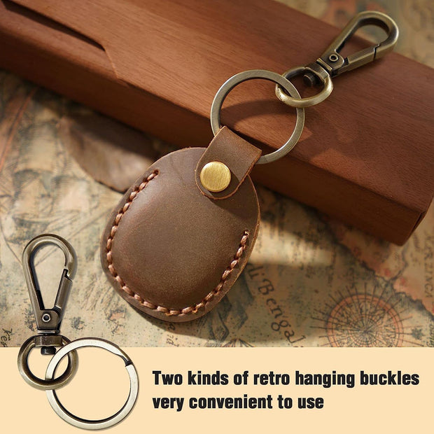 Genuine Leather AirTag Keyring Holder for Apple AirTags. Anti-Lost, Anti-Scratch Secure Key Ring Case for Key, Pet Collar, Bag, Luggage. Handmade 360° Protective Air Tag Accessory Keychain Full Cover