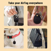 Genuine Leather AirTag Keyring Holder for Apple AirTags. Anti-Lost, Anti-Scratch Secure Key Ring Case for Key, Pet Collar, Bag, Luggage. Handmade 360° Protective Air Tag Accessory Keychain Full Cover