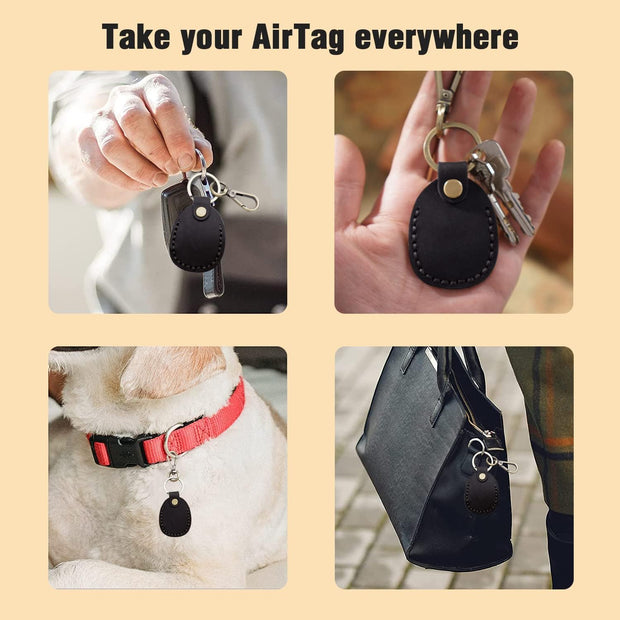 Genuine Leather AirTag Keyring Holder for Apple AirTags. Anti-Lost, Anti-Scratch Secure Key Ring Case for Key, Pet Collar, Bag, Luggage. Handmade 360° Protective Air Tag Accessory Keychain Full Cover