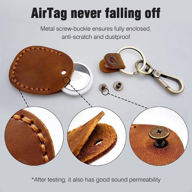 Genuine Leather AirTag Keyring Holder for Apple AirTags. Anti-Lost, Anti-Scratch Secure Key Ring Case for Key, Pet Collar, Bag, Luggage. Handmade 360° Protective Air Tag Accessory Keychain Full Cover