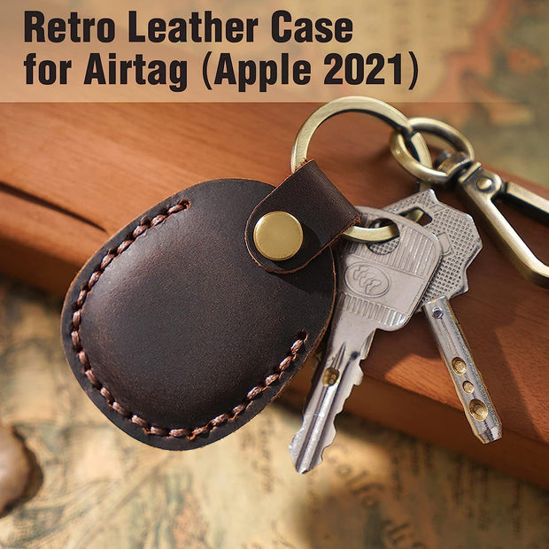 Genuine Leather AirTag Keyring Holder for Apple AirTags. Anti-Lost, Anti-Scratch Secure Key Ring Case for Key, Pet Collar, Bag, Luggage. Handmade 360° Protective Air Tag Accessory Keychain Full Cover