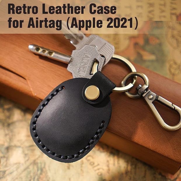 Genuine Leather AirTag Keyring Holder for Apple AirTags. Anti-Lost, Anti-Scratch Secure Key Ring Case for Key, Pet Collar, Bag, Luggage. Handmade 360° Protective Air Tag Accessory Keychain Full Cover