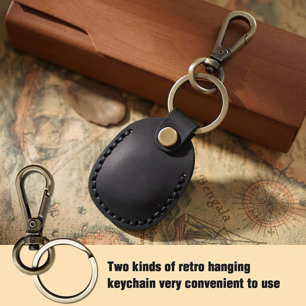 Genuine Leather AirTag Keyring Holder for Apple AirTags. Anti-Lost, Anti-Scratch Secure Key Ring Case for Key, Pet Collar, Bag, Luggage. Handmade 360° Protective Air Tag Accessory Keychain Full Cover