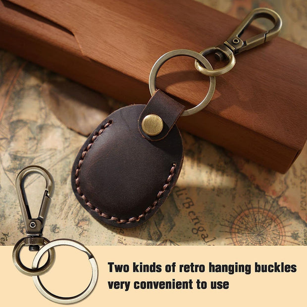 Genuine Leather AirTag Keyring Holder for Apple AirTags. Anti-Lost, Anti-Scratch Secure Key Ring Case for Key, Pet Collar, Bag, Luggage. Handmade 360° Protective Air Tag Accessory Keychain Full Cover