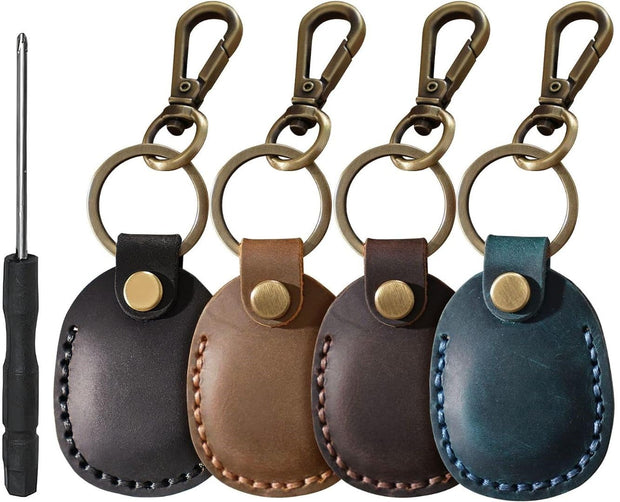 Genuine Leather AirTag Keyring Holder for Apple AirTags. Anti-Lost, Anti-Scratch Secure Key Ring Case for Key, Pet Collar, Bag, Luggage. Handmade 360° Protective Air Tag Accessory Keychain Full Cover