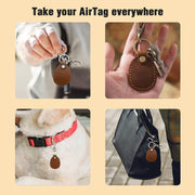 Genuine Leather AirTag Keyring Holder for Apple AirTags. Anti-Lost, Anti-Scratch Secure Key Ring Case for Key, Pet Collar, Bag, Luggage. Handmade 360° Protective Air Tag Accessory Keychain Full Cover