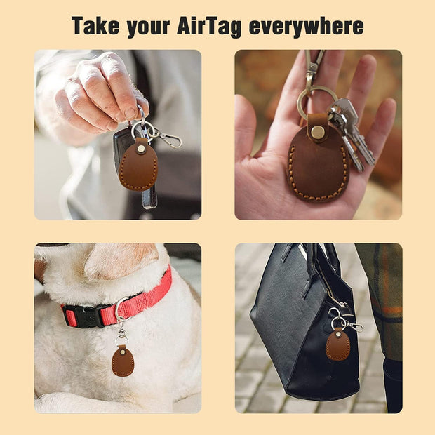 Genuine Leather AirTag Keyring Holder for Apple AirTags. Anti-Lost, Anti-Scratch Secure Key Ring Case for Key, Pet Collar, Bag, Luggage. Handmade 360° Protective Air Tag Accessory Keychain Full Cover