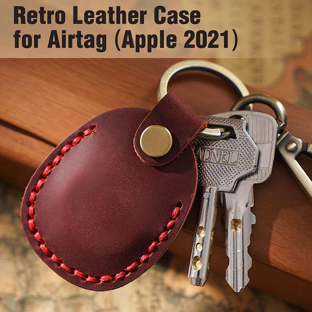 Genuine Leather AirTag Keyring Holder for Apple AirTags. Anti-Lost, Anti-Scratch Secure Key Ring Case for Key, Pet Collar, Bag, Luggage. Handmade 360° Protective Air Tag Accessory Keychain Full Cover