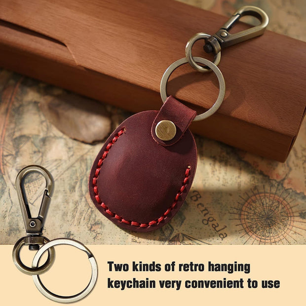 Genuine Leather AirTag Keyring Holder for Apple AirTags. Anti-Lost, Anti-Scratch Secure Key Ring Case for Key, Pet Collar, Bag, Luggage. Handmade 360° Protective Air Tag Accessory Keychain Full Cover