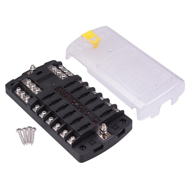 12 Way Standard Blade Fuse Box with LED Indication + Negative Busbar 100A