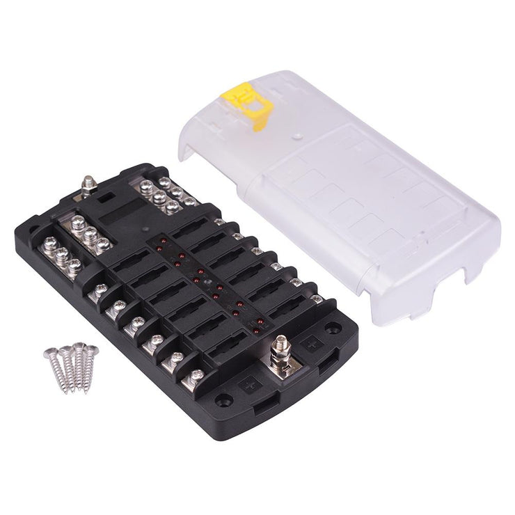 12 Way Standard Blade Fuse Box with LED Indication + Negative Busbar 100A