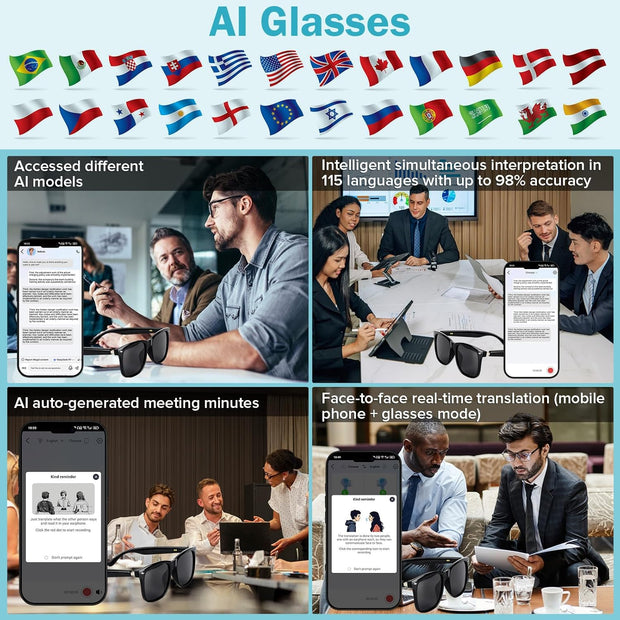 Fagalil Smart Glasses, AI Bluetooth Sunglasses for Men Women with Real-Time Translation and Voice Assistant Open Ear Smart Sunglasses with Blue Light Filter and UV Pretection Polarized Lenses
