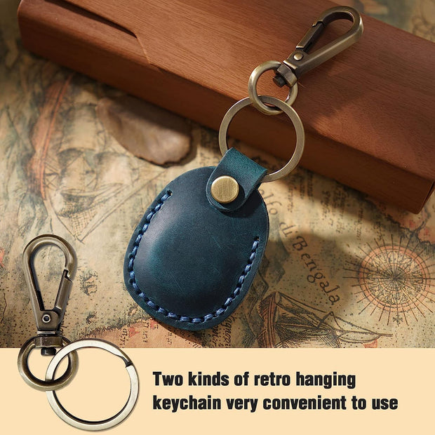 Genuine Leather AirTag Keyring Holder for Apple AirTags. Anti-Lost, Anti-Scratch Secure Key Ring Case for Key, Pet Collar, Bag, Luggage. Handmade 360° Protective Air Tag Accessory Keychain Full Cover