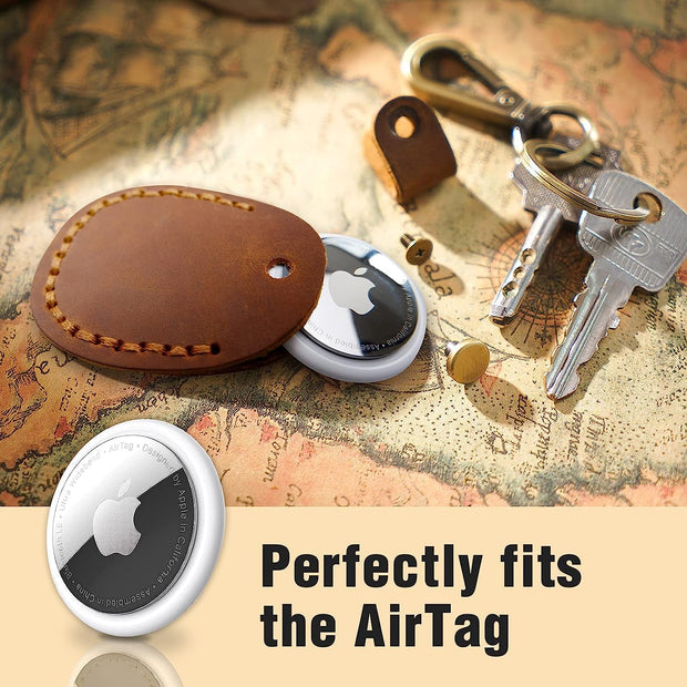 Genuine Leather AirTag Keyring Holder for Apple AirTags. Anti-Lost, Anti-Scratch Secure Key Ring Case for Key, Pet Collar, Bag, Luggage. Handmade 360° Protective Air Tag Accessory Keychain Full Cover