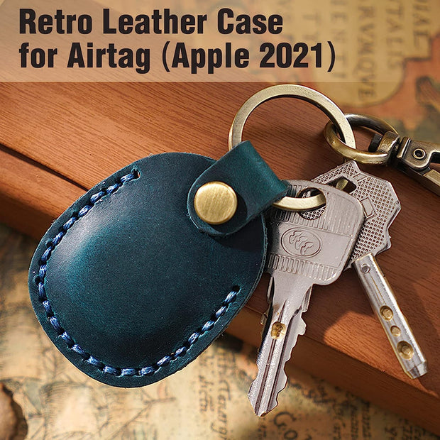 Genuine Leather AirTag Keyring Holder for Apple AirTags. Anti-Lost, Anti-Scratch Secure Key Ring Case for Key, Pet Collar, Bag, Luggage. Handmade 360° Protective Air Tag Accessory Keychain Full Cover