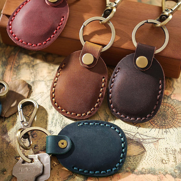 Genuine Leather AirTag Keyring Holder for Apple AirTags. Anti-Lost, Anti-Scratch Secure Key Ring Case for Key, Pet Collar, Bag, Luggage. Handmade 360° Protective Air Tag Accessory Keychain Full Cover