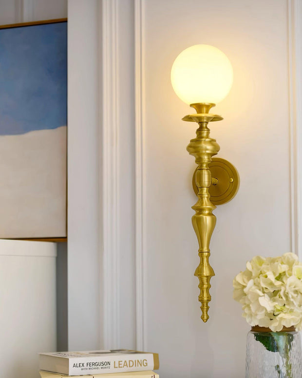 Wall Lamp Sculpted Brass Body Globe Shade Classic Elegant Statement
