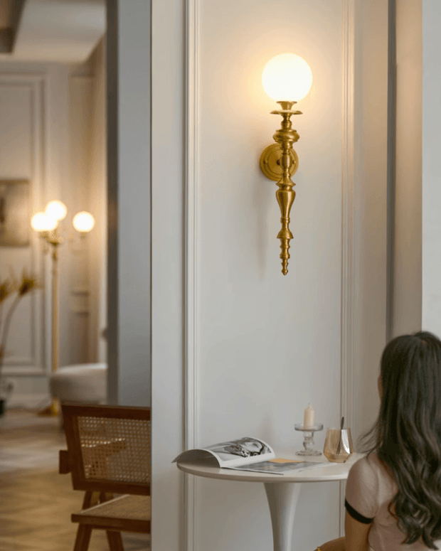 Wall Lamp Sculpted Brass Body Globe Shade Classic Elegant Statement