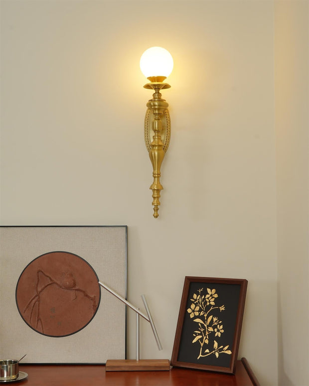 Wall Lamp Sculpted Brass Body Globe Shade Classic Elegant Statement