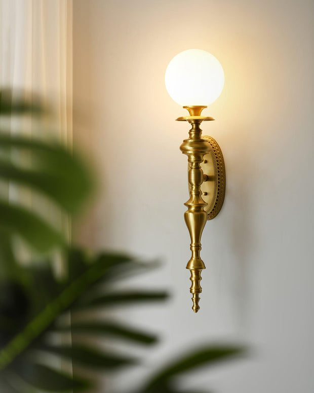 Wall Lamp Sculpted Brass Body Globe Shade Classic Elegant Statement
