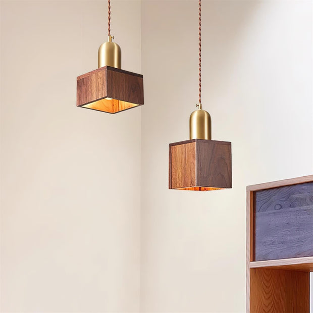 Wood Pendant Lamp Assorted Shapes in Solid Wood and Brass