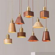 Wood Pendant Lamp Assorted Shapes in Solid Wood and Brass