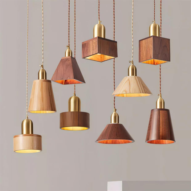 Wood Pendant Lamp Assorted Shapes in Solid Wood and Brass