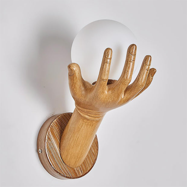 Wall Lamp Polymer Body Hand Shape Globe Shade Wood Grain