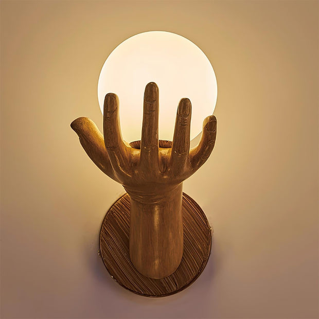 Wall Lamp Polymer Body Hand Shape Globe Shade Wood Grain