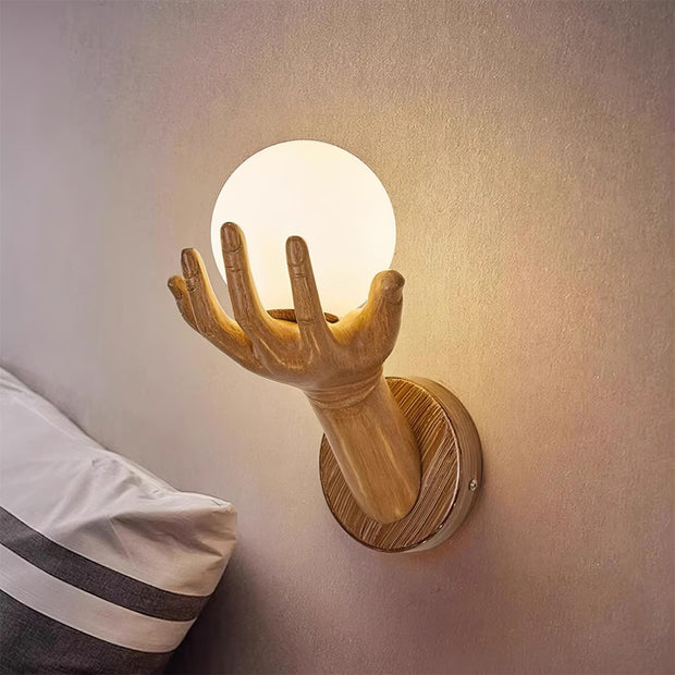 Wall Lamp Polymer Body Hand Shape Globe Shade Wood Grain