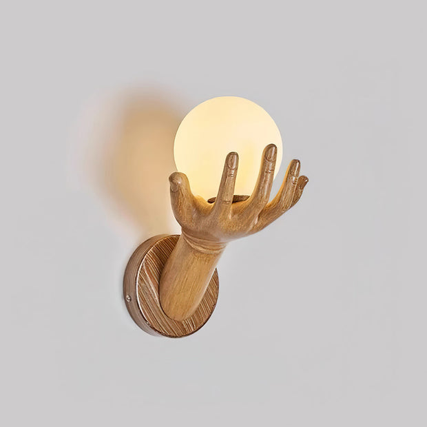 Wall Lamp Polymer Body Hand Shape Globe Shade Wood Grain