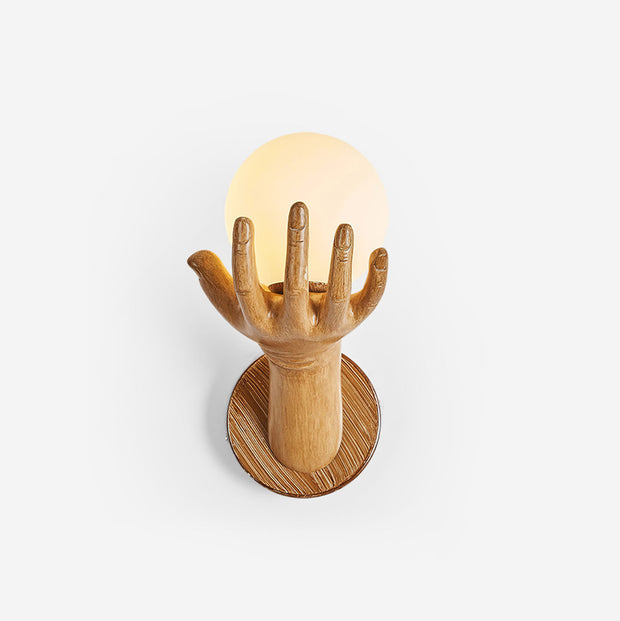 Wall Lamp Polymer Body Hand Shape Globe Shade Wood Grain