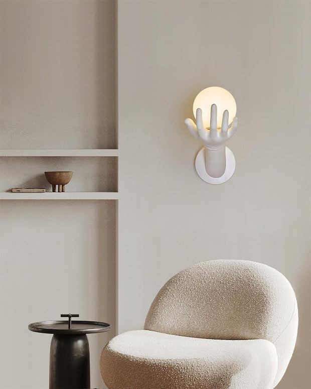 Wall Lamp Polymer Body Hand Shape Globe Shade Wood Grain