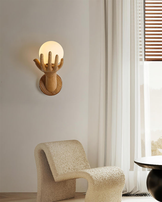 Wall Lamp Polymer Body Hand Shape Globe Shade Wood Grain