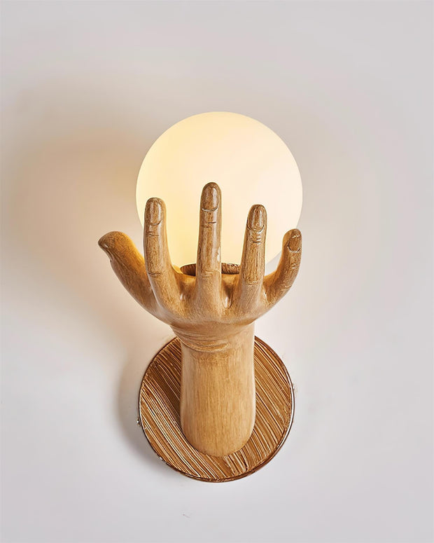 Wall Lamp Polymer Body Hand Shape Globe Shade Wood Grain