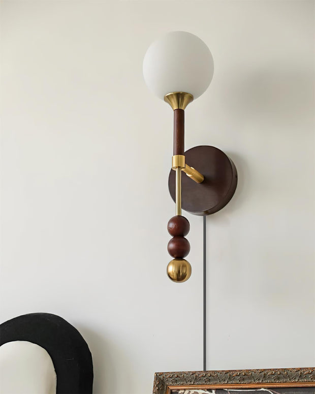 Wall Lamp with Glass Globe and Walnut Wood Accents Plug-In