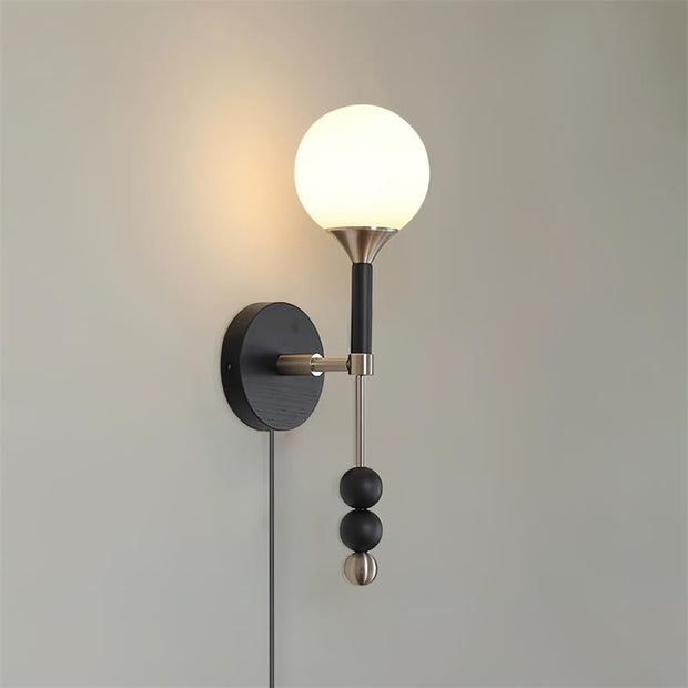 Wall Lamp with Glass Globe and Walnut Wood Accents Plug-In