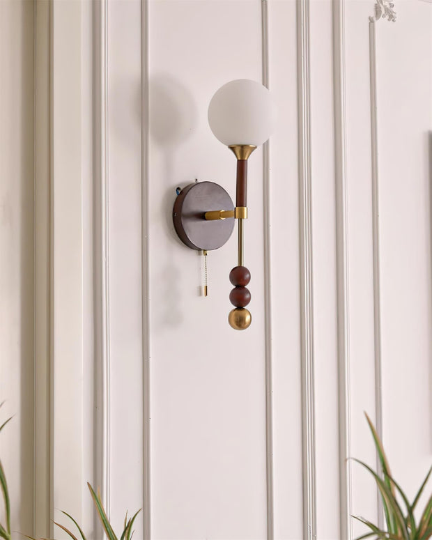 Wall Lamp with Glass Globe and Walnut Wood Accents Plug-In