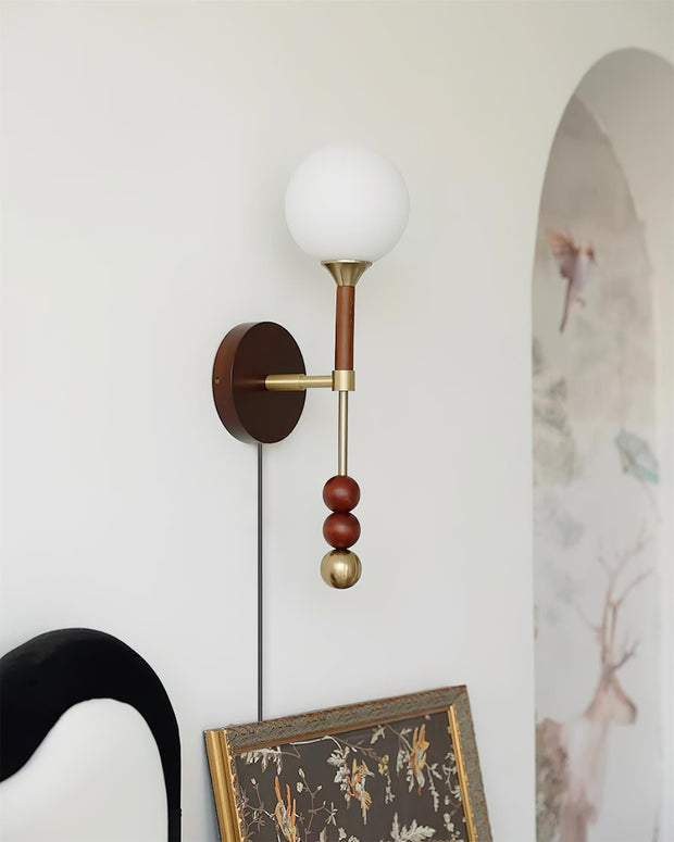 Wall Lamp with Glass Globe and Walnut Wood Accents Plug-In
