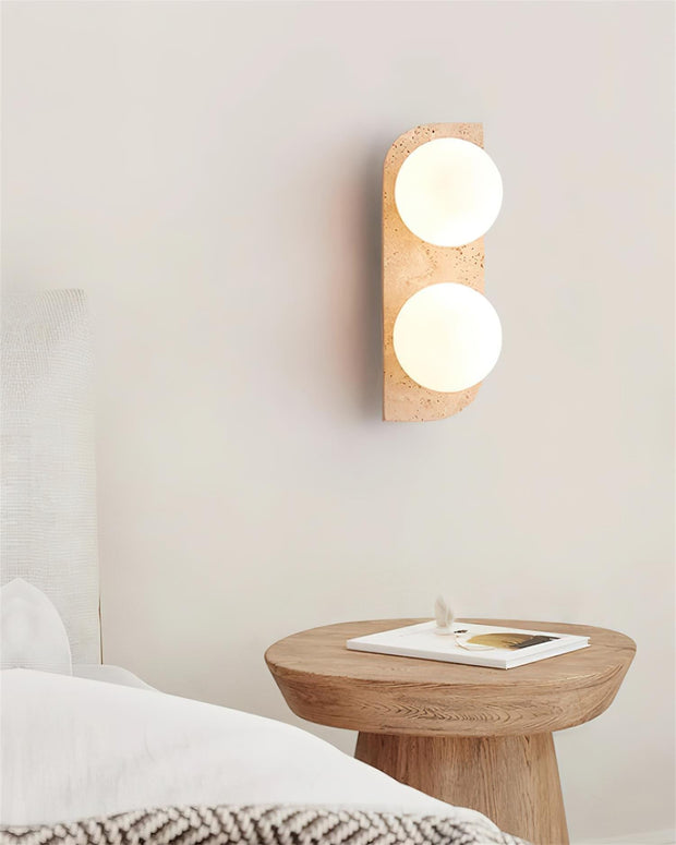 Wall Lamp Travertine Plug-In with Dual Glass Globes Soft Glow