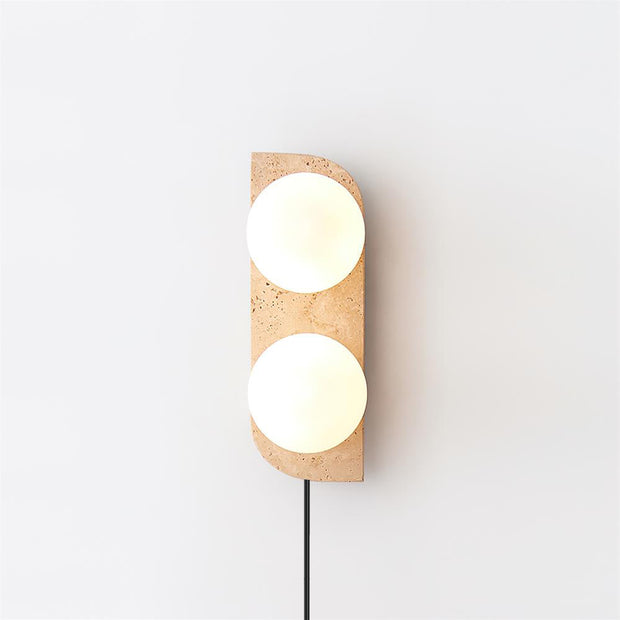 Wall Lamp Travertine Plug-In with Dual Glass Globes Soft Glow