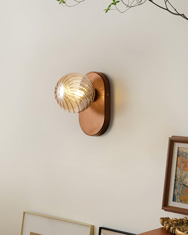 Wall Lamp Wood Body Amber Ribbed Glass Globe Walnut Color Modern Accent