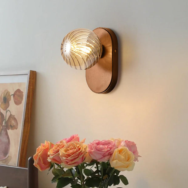 Wall Lamp Wood Body Amber Ribbed Glass Globe Walnut Color Modern Accent