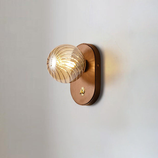 Wall Lamp Wood Body Amber Ribbed Glass Globe Walnut Color Modern Accent