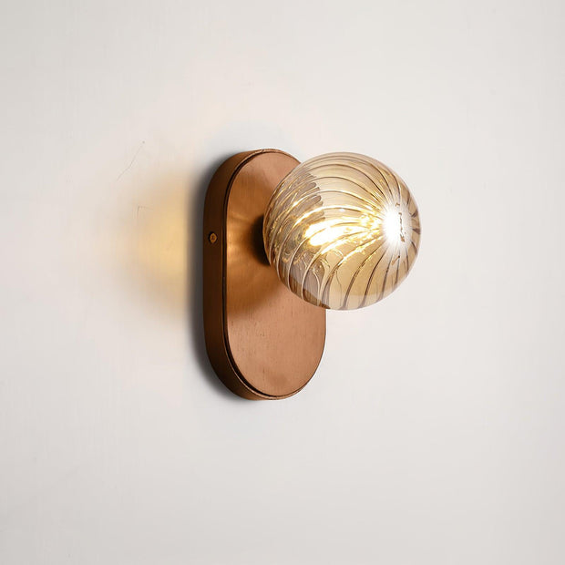Wall Lamp Wood Body Amber Ribbed Glass Globe Walnut Color Modern Accent